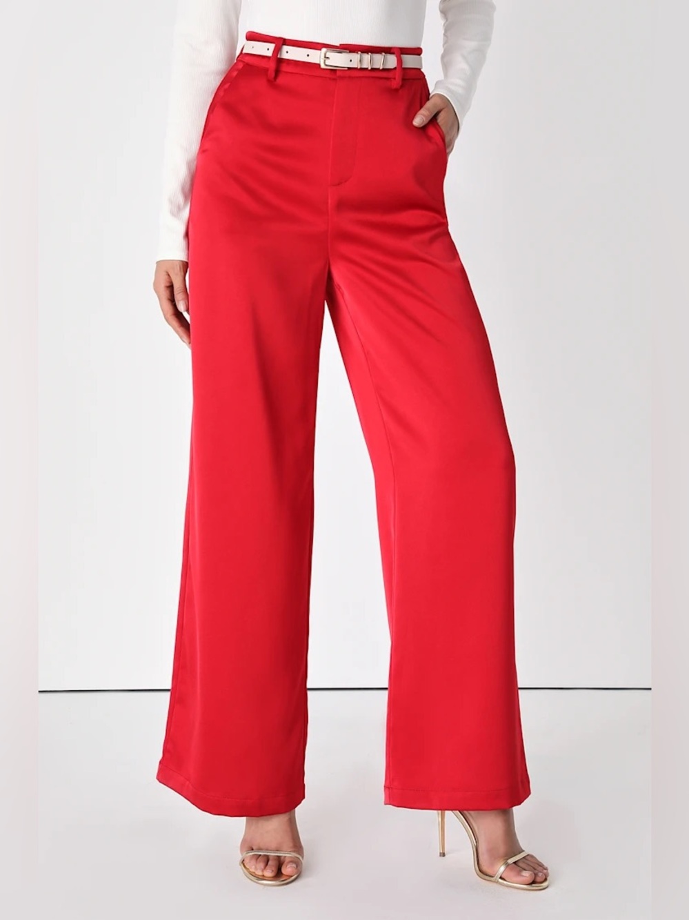 New Lulus Women Satin High-Rise Wide Leg Pants Red Size Small
